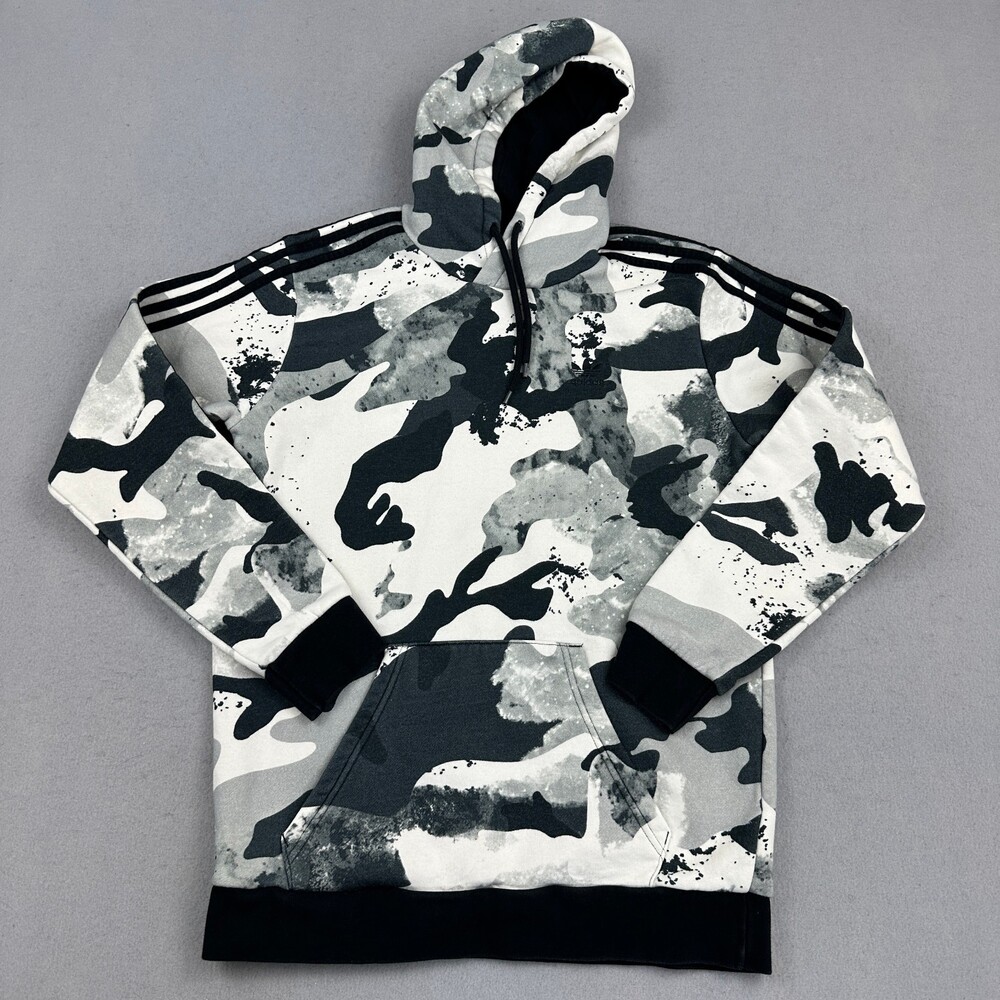 Adidas Originals Hoodie Men Medium Grayscale Camo Three Stripe Trefoil Pockets M